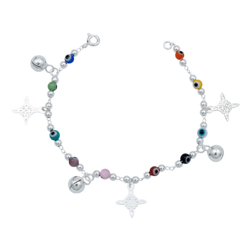 Pulsera Nudo De Bruja Ojo Turco Cascabeles Sonido Plata 925