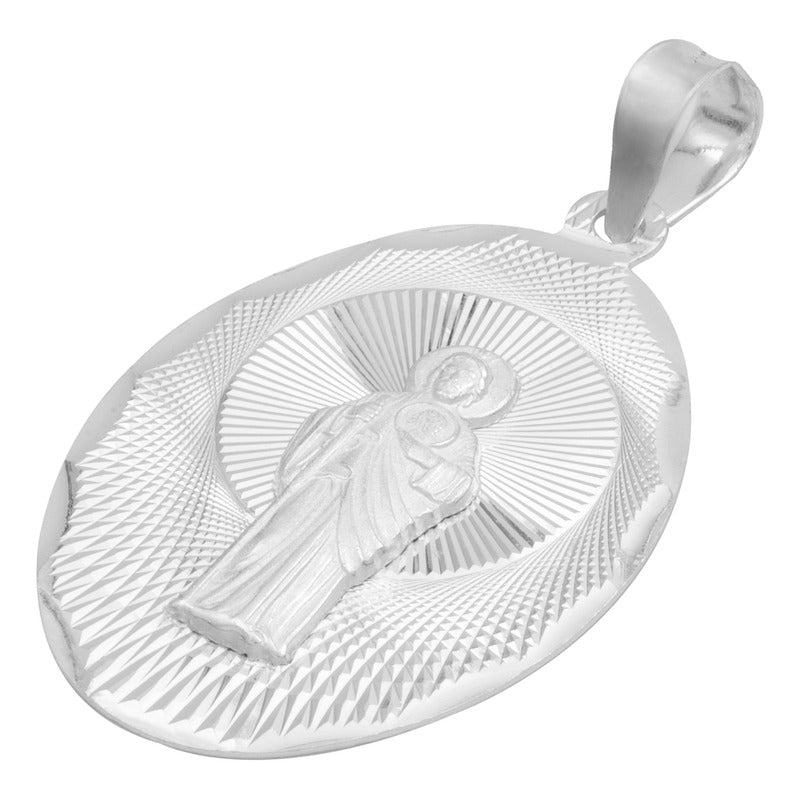 Dije Medalla Oval Diamantada San Judas Plata 925 1.9 Cm Plateado