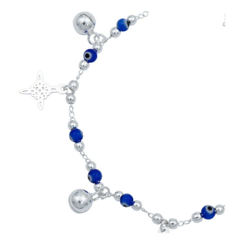 Pulsera Nudo De Bruja Ojo Turco Cascabeles Sonido Plata 925