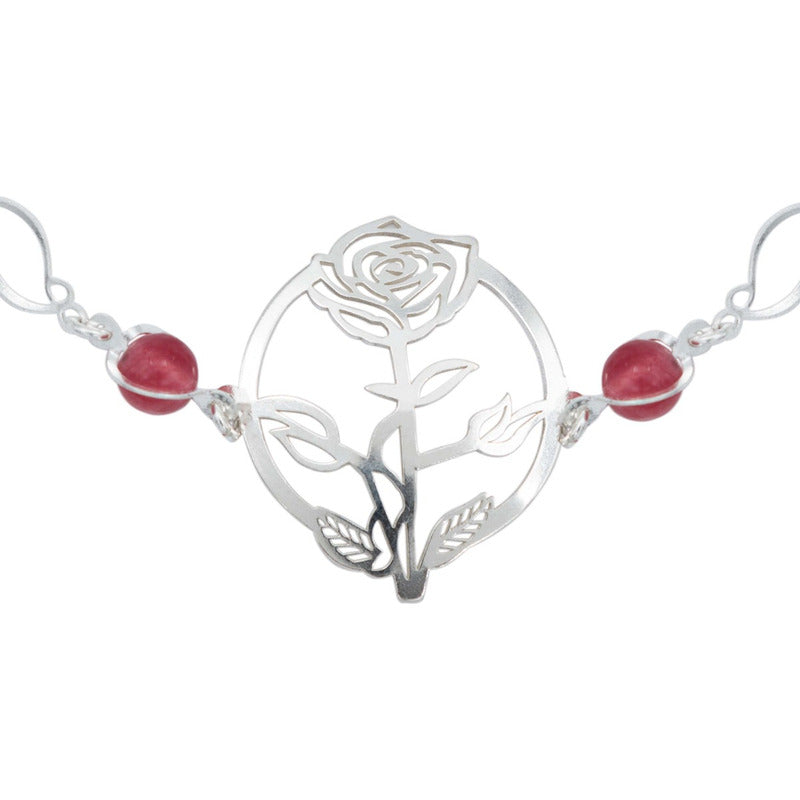 Pulsera Flores Rosa Piedra Natural Cuarzo Mujer Plata 925