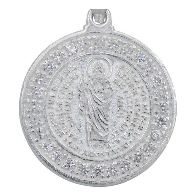 Dije Medalla Doble Vista San Judas Oración Zirconia Plata925
