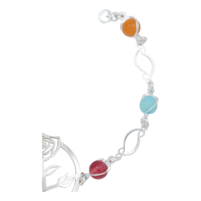 Pulsera Flores Rosa Piedra Natural Cuarzo Mujer Plata 925