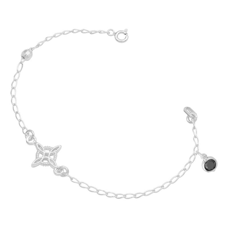 Pulsera Nudo De Bruja Bola Facetada Cristal Mujer Plata 925 Negro 18 Cm