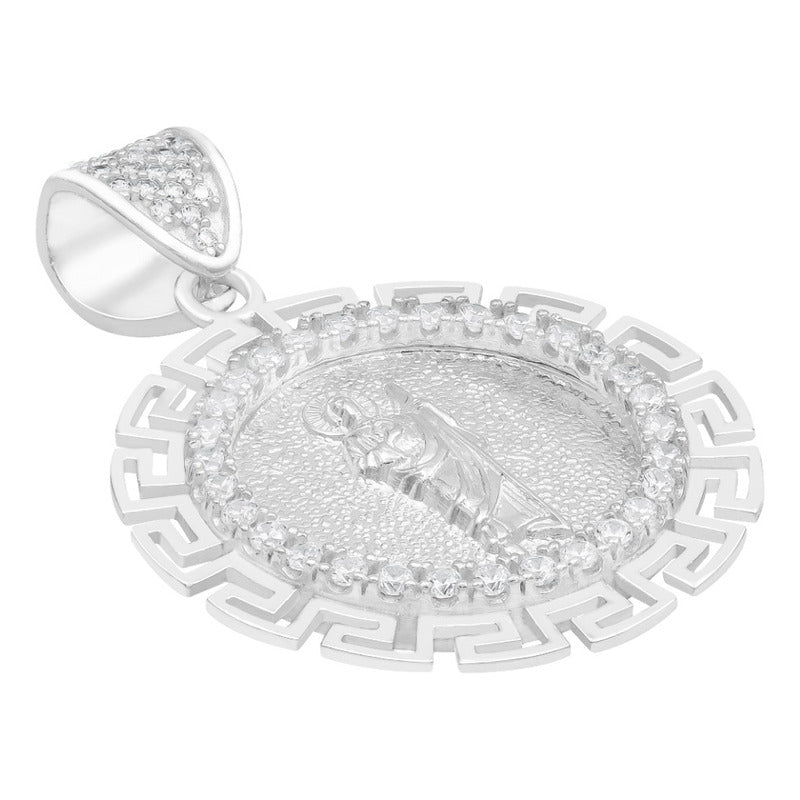 Dije Medalla San Judas Grecas Zirconias Plata 925 3.4 Cm Blanco