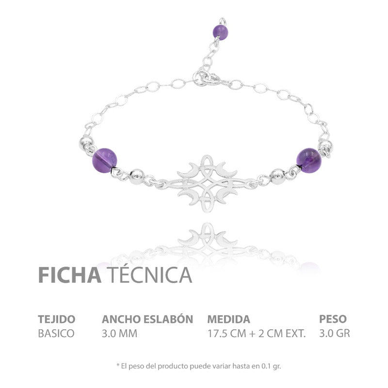 Pulsera Ajustable Nudo De Bruja Fases Lunes Bolas Plata 925 Morado 6 Cm 20 Cm