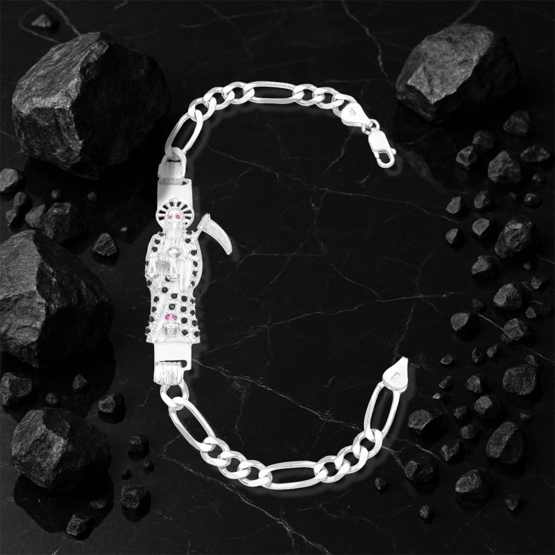 Pulsera Santa Muerte Zirconias Figaro 3x1 Plata 925 6 Mm Negro 6 Cm 21 Cm