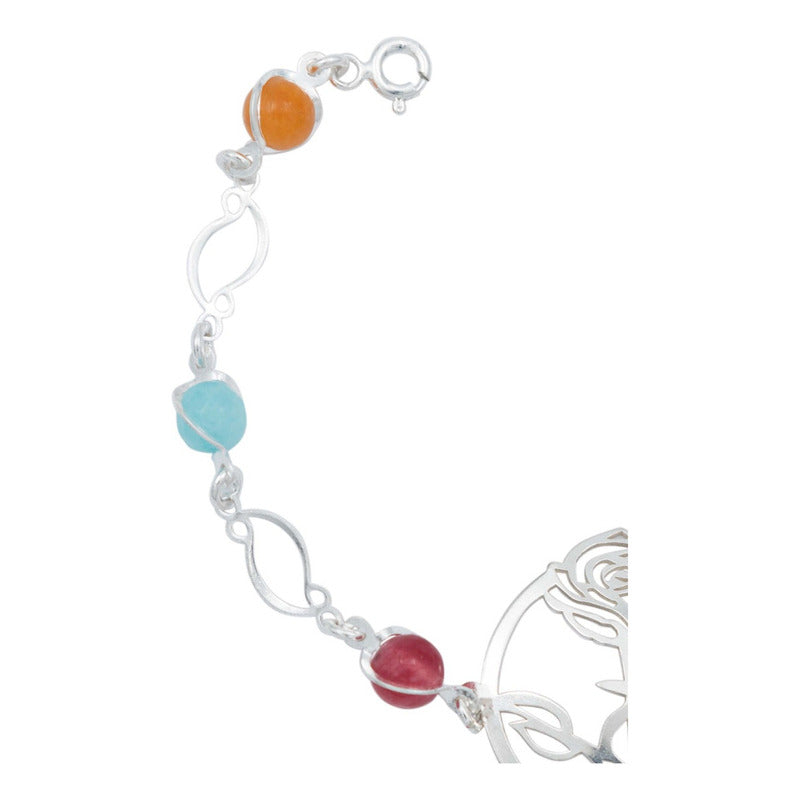 Pulsera Flores Rosa Piedra Natural Cuarzo Mujer Plata 925
