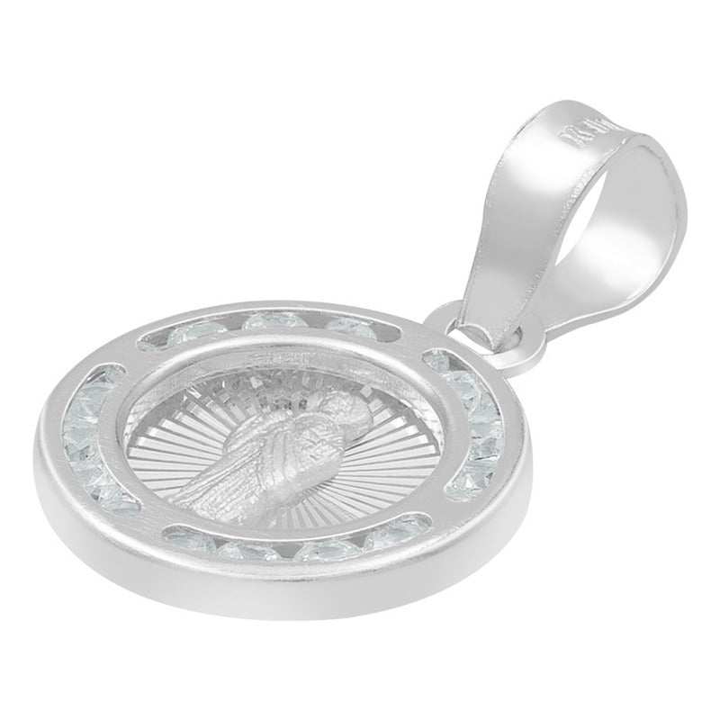 Dije Mini Medalla Bautizo San Judas Zircon Plata 925 1.2 Cm Blanco
