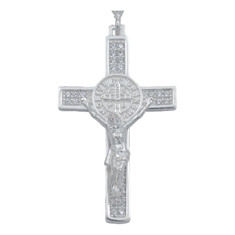 Dije Mediano Cruz Jesucristo San Benito Zirconias Plata 925