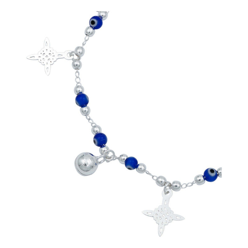 Pulsera Nudo De Bruja Ojo Turco Cascabeles Sonido Plata 925