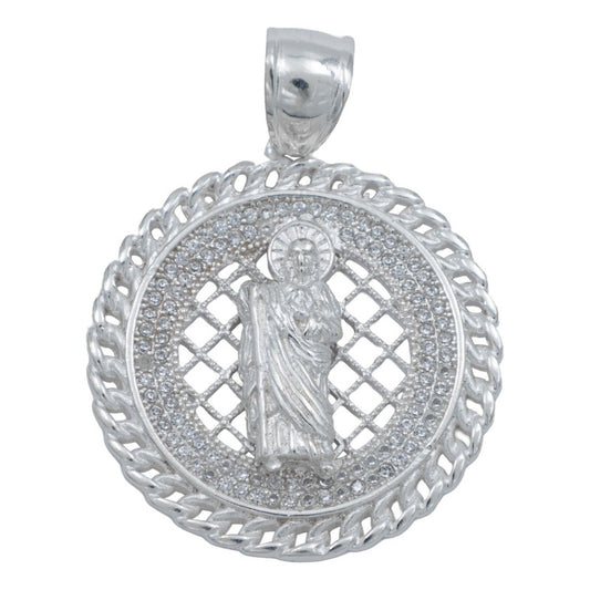 Dije Medalla Grande San Judas Zirconias Hombre Plata 925 Blanco