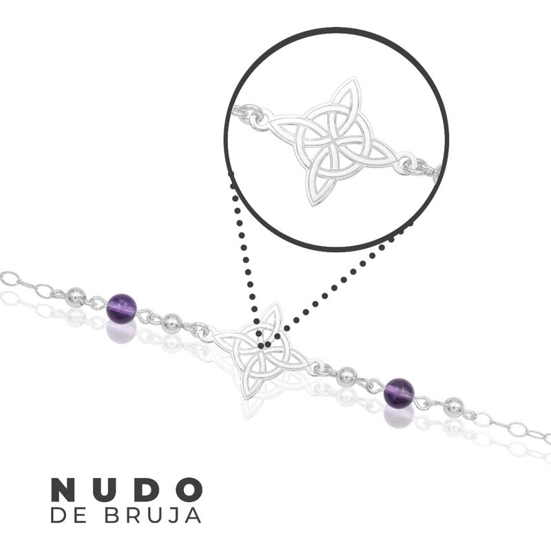 Pulsera Ajustable Mujer Nudo De Bruja Laser Bolas Plata 925 Violeta 6 Cm 20 Cm