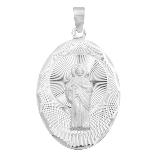 Dije Medalla Oval Diamantada San Judas Plata 925 1.7 Cm Plateado