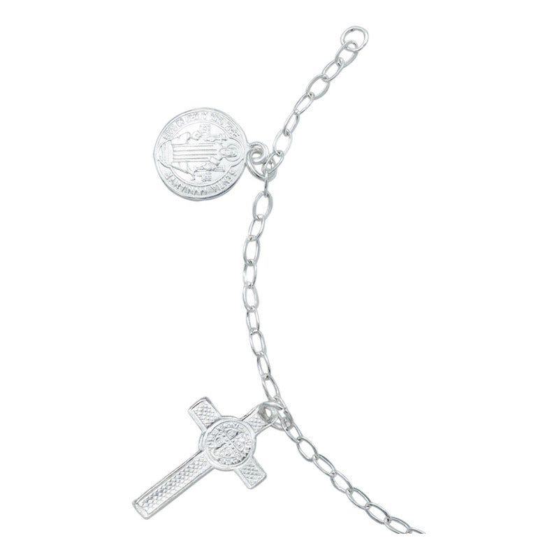 Pulsera Ajustable San Benito Pequeña Medallas Plata Ley 925