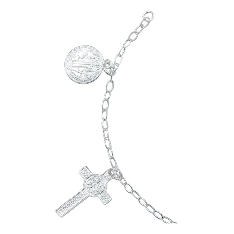 Pulsera Ajustable San Benito Pequeña Medallas Plata Ley 925