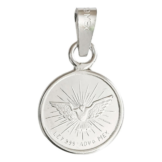 Dije Medalla Espiritu Santo Chica Plata Pura Ley 999 Plateado Alto / Ancho 2.7 Cm X 1.5 Cm