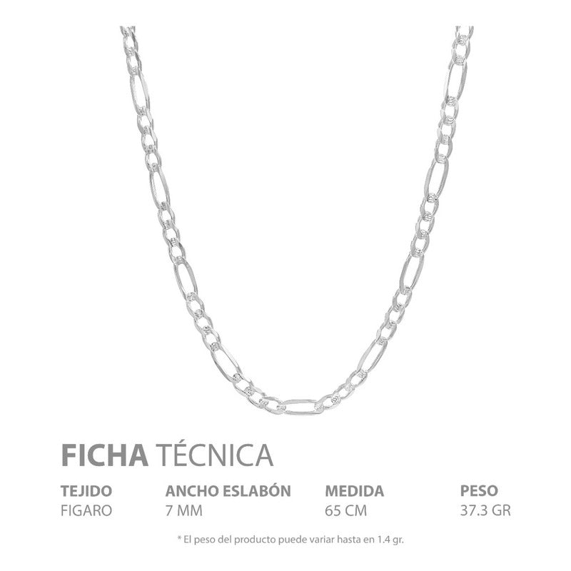Cadena Figaro 3x1 Diamantada Hombre Plata 925 65 Cm X 7 Mm Plateado