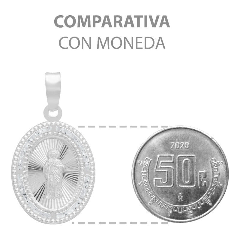Dije Medalla Oval San Judas Zirconias Plata 925 1.4 Cm Blanco