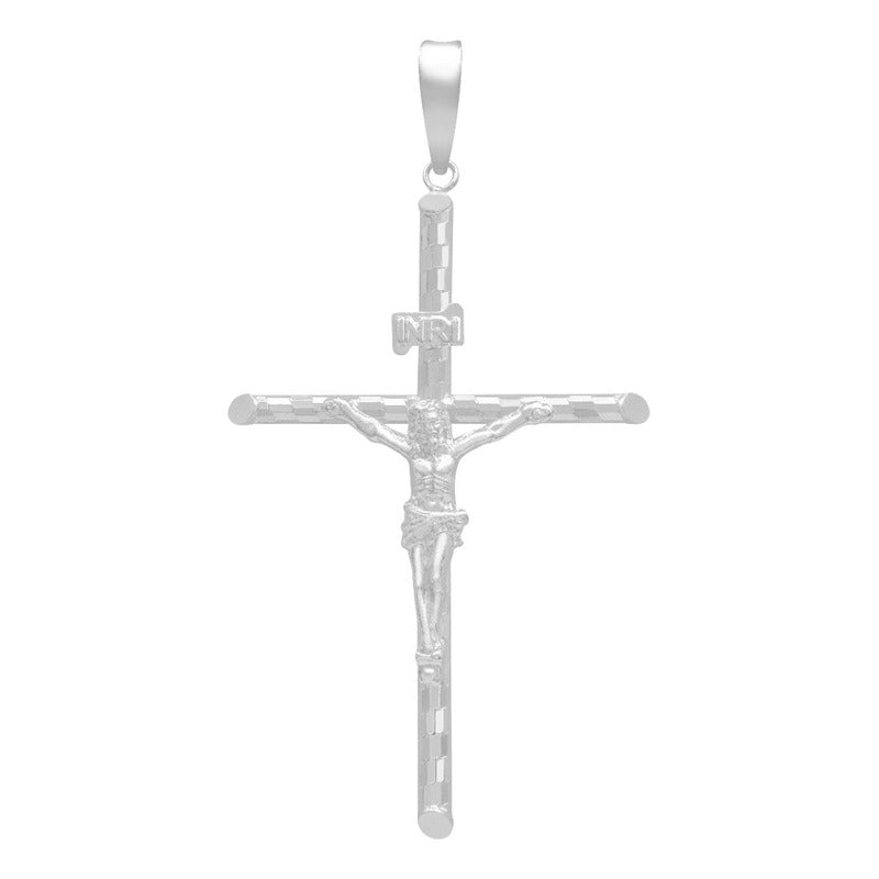 Dije Cruz Tubular Diamantado Ajedrez Cristo Plata 925 7 Cm Plateado