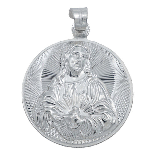 Dije Medalla Grande Diamantada Sagrado Corazón Plata 925 Plateado