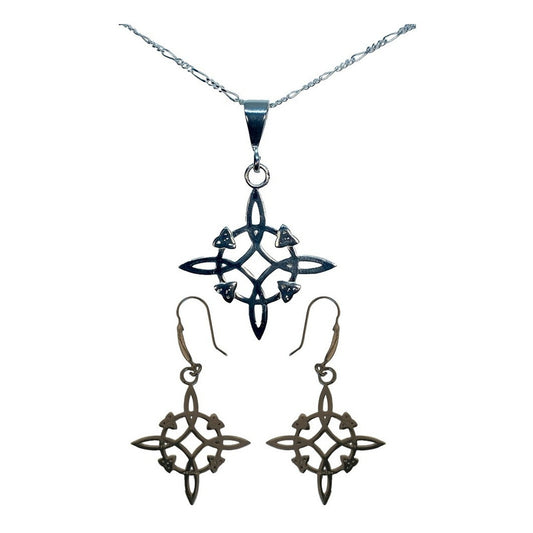 Juego Nudo Bruja Cadena Fígaro 3x1 + Aretes + Dije Plata 925 Juego Liso Chico