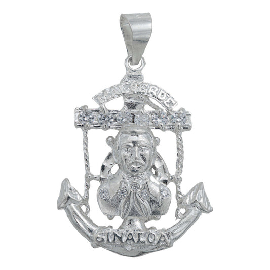 Dije Grande Jesús Malverde Ancla Zirconias Plata Solida 925