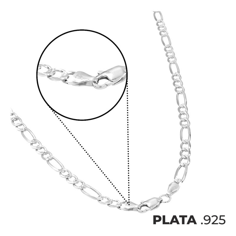 Cadena Figaro 3x1 Diamantada Hombre Plata 925 65 Cm X 5 Mm Plateado