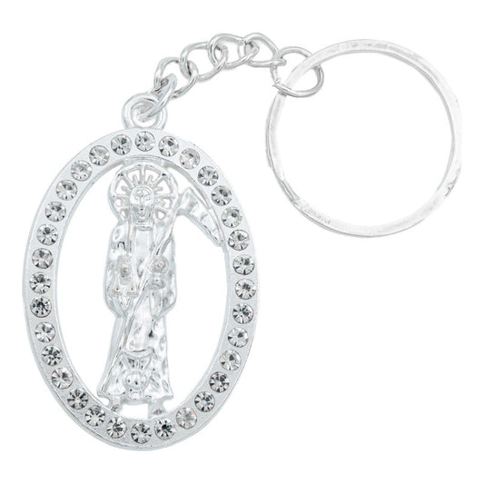 Llavero Santa Muerte Tadeo Con Piedras Metal Recuerdo Plata Plateado Alto/ancho 4.4 Cm X 3.3 Cm