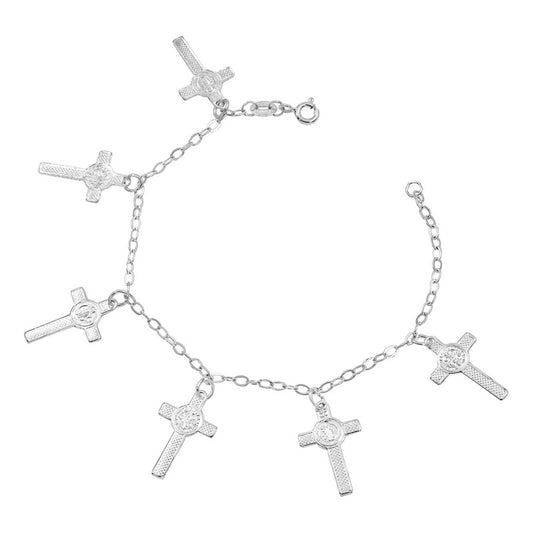 Pulsera Plata 925 Múltiples Cruces Y Medalla San Benito Plateado 17 Cm