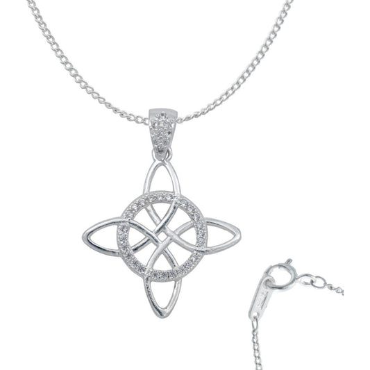 Dije Nudo De Bruja Celta Zirconia Premi + Cadena Plata .925 Blanco Barbada