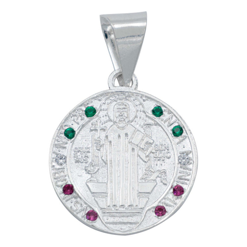 Dije Medalla Med San Benito Doble Vista Zirconias Plata 925