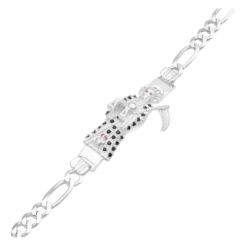Pulsera Santa Muerte Zirconias Figaro 3x1 Plata 925 6 Mm Negro 6 Cm 21 Cm