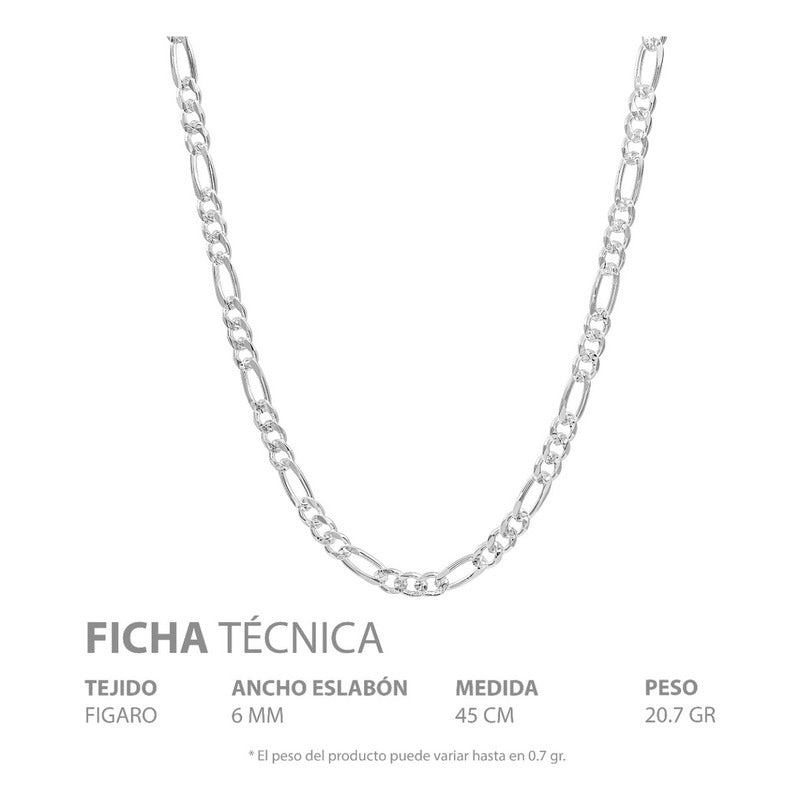 Cadena Figaro 3x1 Diamantada Hombre Plata 925 45 Cm X 6 Mm Plateado