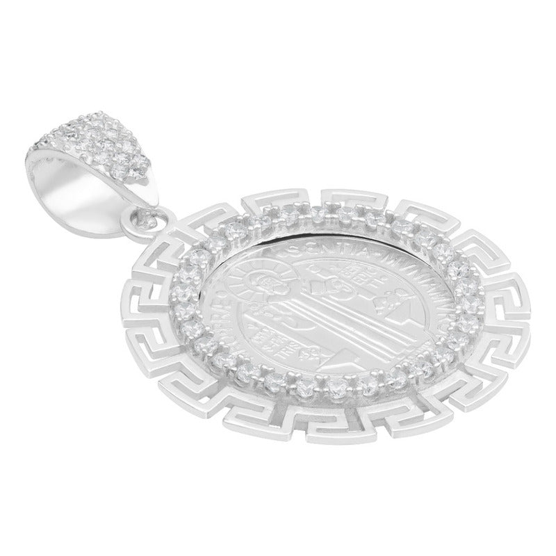 Dije Medalla San Benito Grecas Zirconias Plata 925 3.4 Cm Blanco