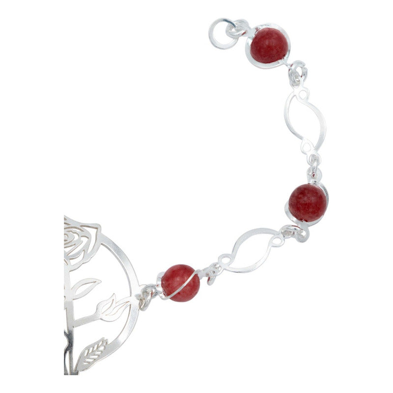 Pulsera Flores Rosa Piedra Natural Cuarzo Mujer Plata 925