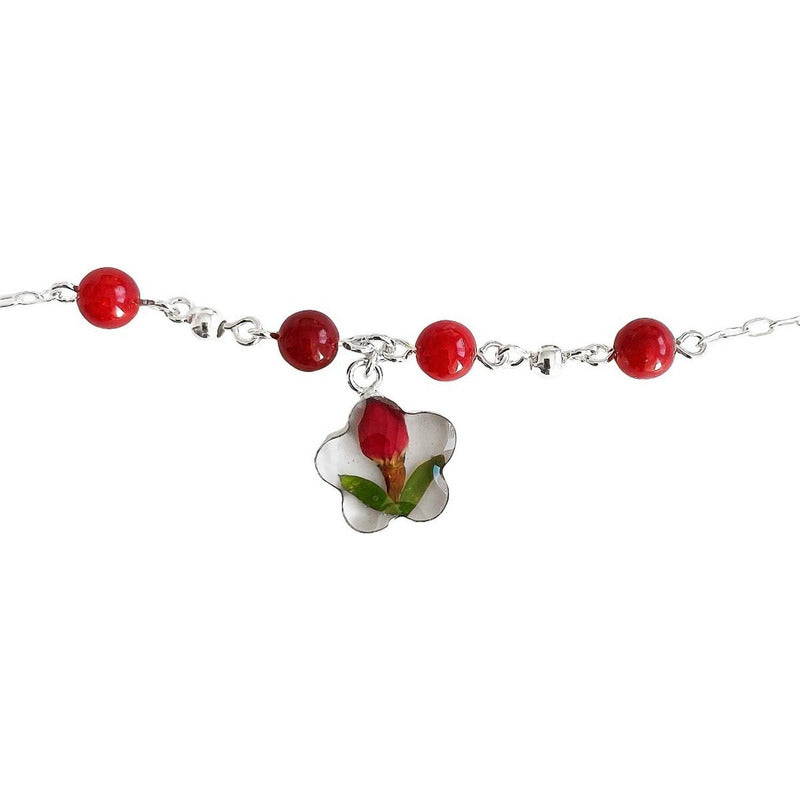 Tobillera Ajustable Flores Encapsuladas Cuarzos Plata 925