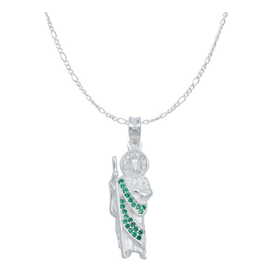 Dije San Judas Tadeo Chico Premium Zirconia Plata.925 Cadena Verde