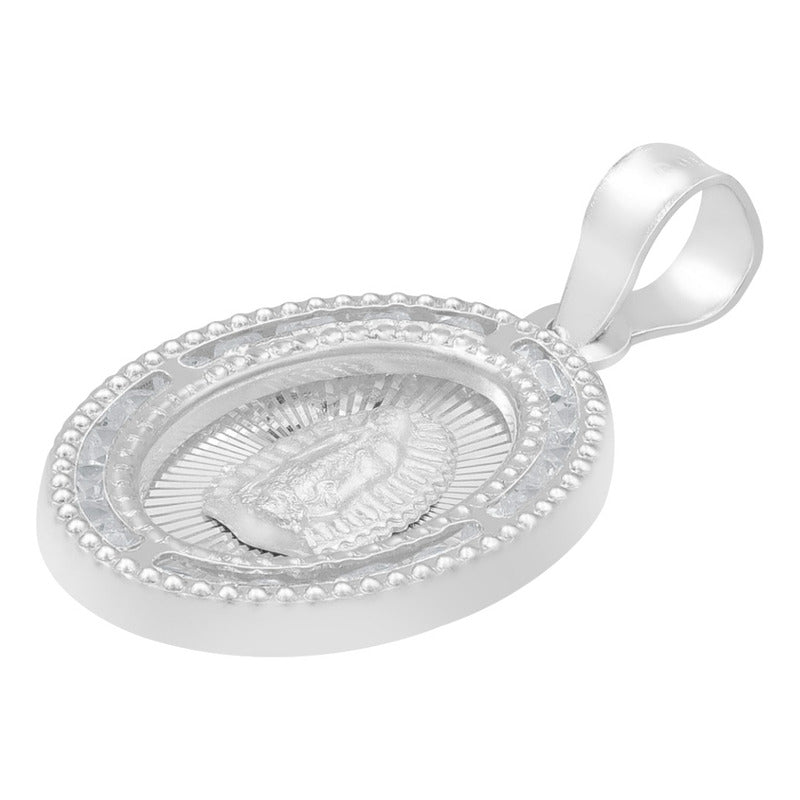 Dije Medalla Oval Virgen Guadalupe Zirconias Plata 925 1.6cm Blanco