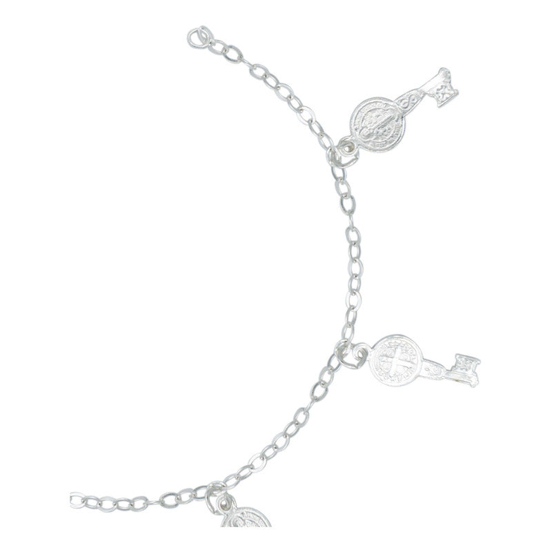 Pulsera Ajustable San Benito Pequeña Medallas Plata Ley 925