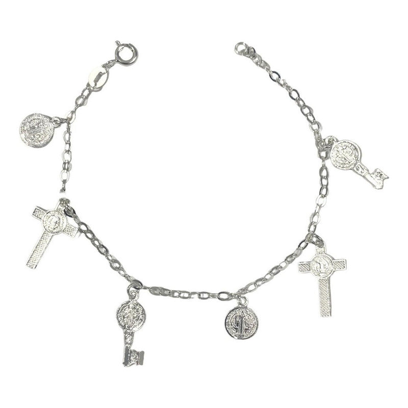 Pulsera Ajustable San Benito Pequeña Medallas Plata Ley 925