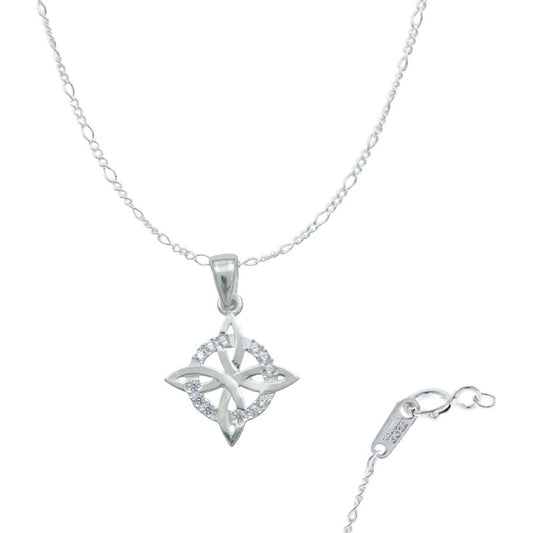 Dije Nudo Bruja Celta Chico Zirconias + Cadena Plata 925 Blanco Alto/ancho 2.8 Cm X 2 Cm