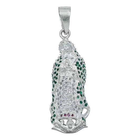 Dije Virgen De Guadalupe Mediano Zirconias Plata 925 5.5 Cm Verde Alto/ancho 1.6 Cm X 5.5 Cm