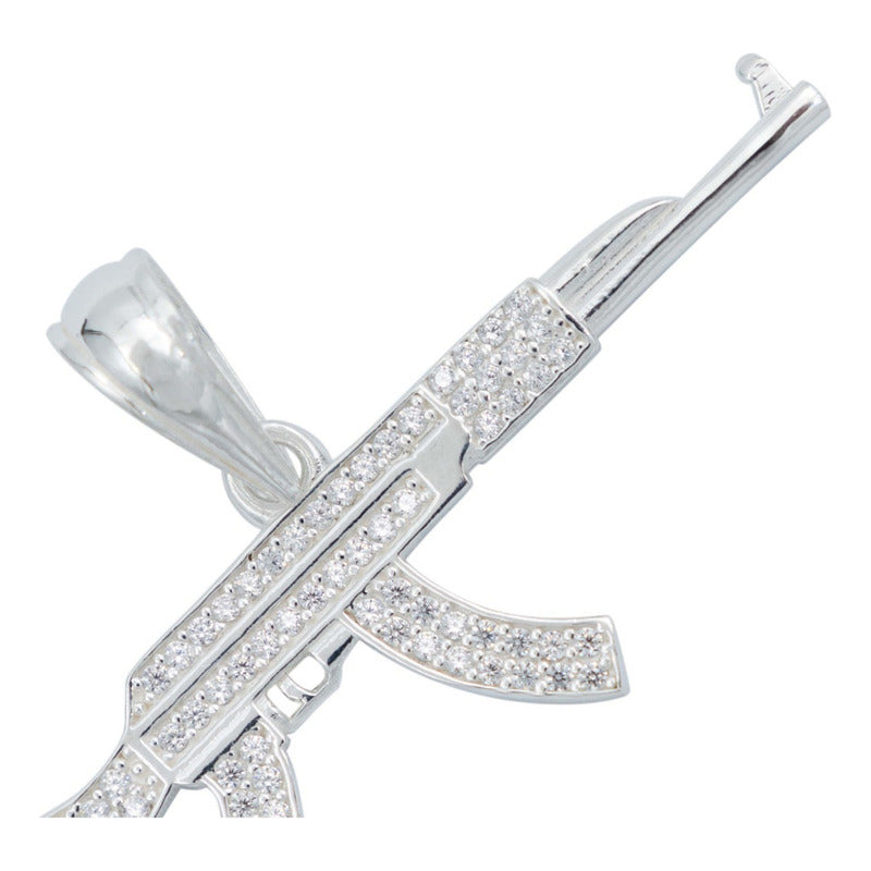 Dije Rifle Ak 47 Zirconias Bélico Metralleta Plata 925