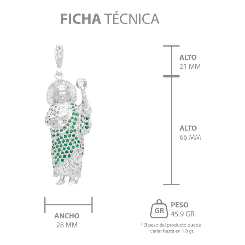 Dije 3d Medalla San Judas Tadeo Grande Zirconias Plata 925 Verde