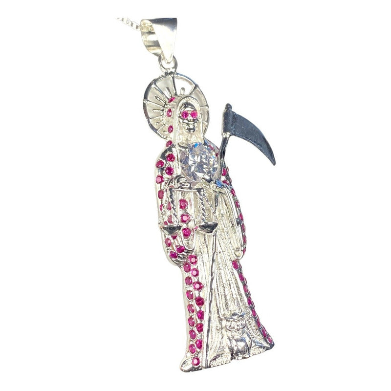 Dije Medalla Gigante Santa Muerte Con Zirconias En Plata 925