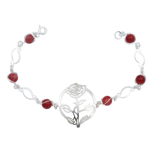 Pulsera Flores Rosa Piedra Natural Cuarzo Mujer Plata 925