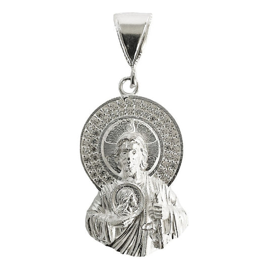 Dije Medalla Torso San Judas Tadeo Zirconias Plata S925 4 Cm Blanco