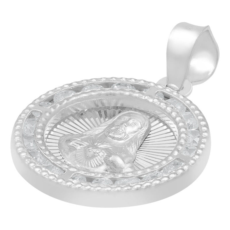Dije Medalla Sagrado Corazón Zirconias Plata 925 1.6 Cm Blanco