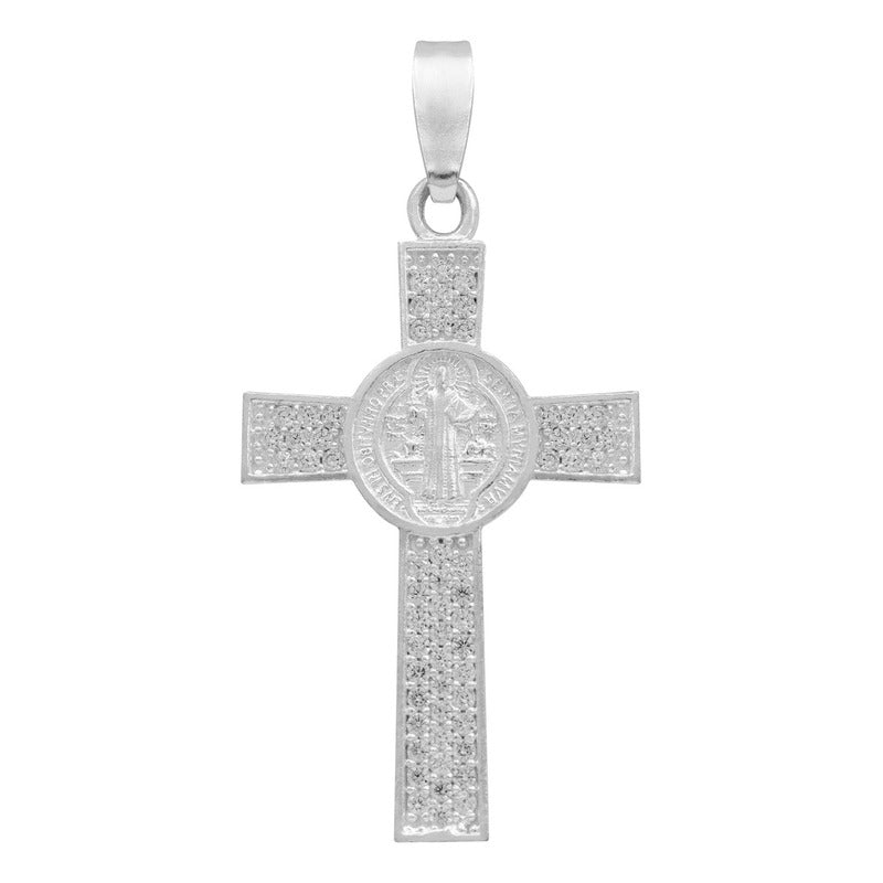 Dije Cruz De San Benito Doble Vista Con Zirconias En Plata 925 | Medalla Religiosa Detallada Y Pulida | 3.9 Cm | Ideal Para Uso Diario, Ceremonias Y Regalos
