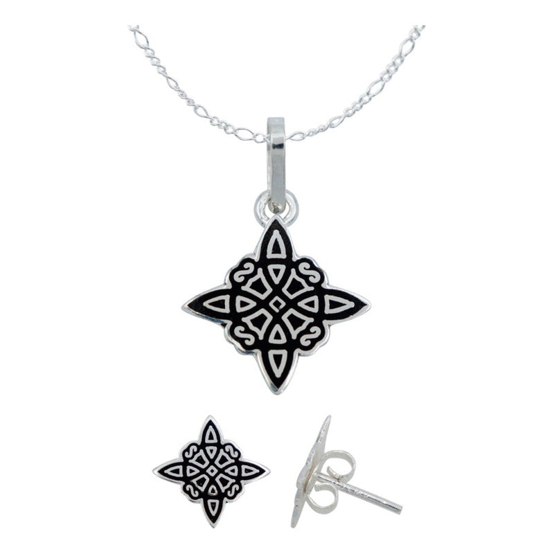 Juego Nudo De Bruja Laser Dije Aretes Cadena Plata 925